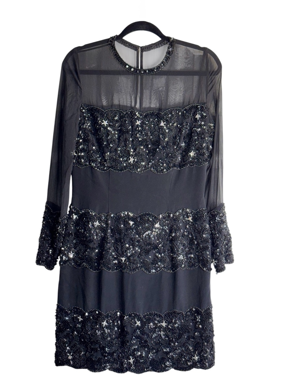 Vintage Oleg Cassini Black Beaded Long-Sleeve Cocktail Dress